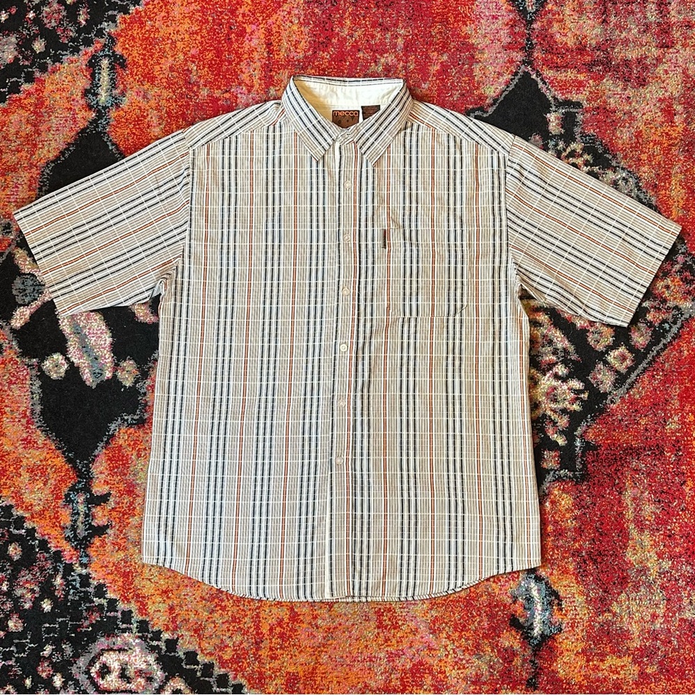 Vintage Retro Mecca Men’s XL Beige & Orange Striped Button Down Shirt Y2K